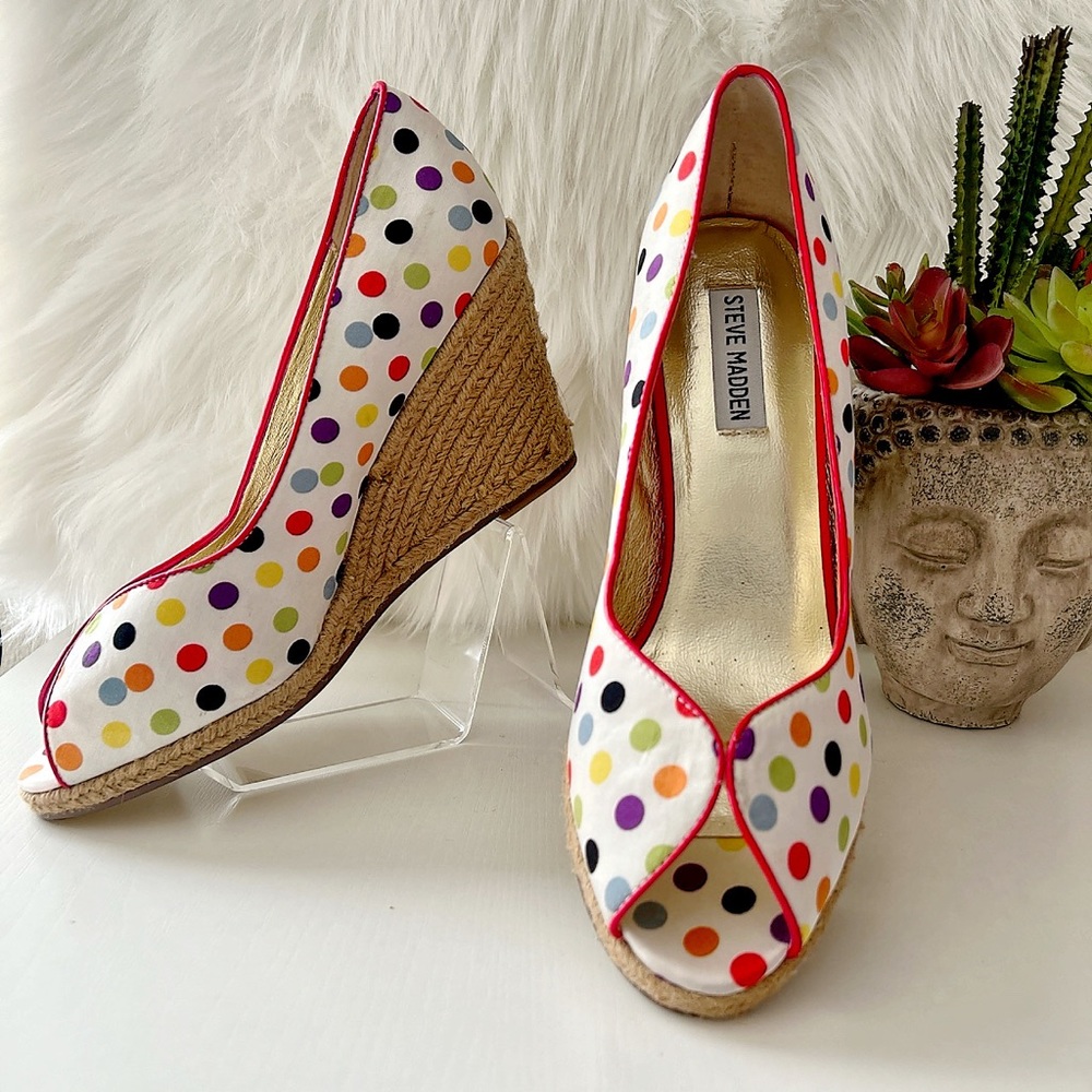 STEVE MADDEN “Majic” Polka Dot Satin Espadrille Wedge Peep Toe Shoes